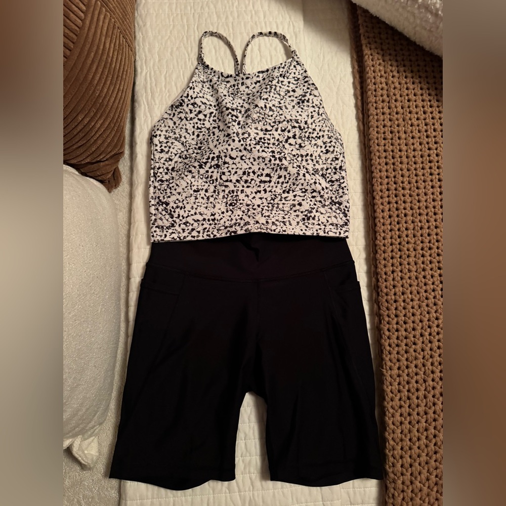 Black and White Spotted Sports Bra with Black Biker Shorts